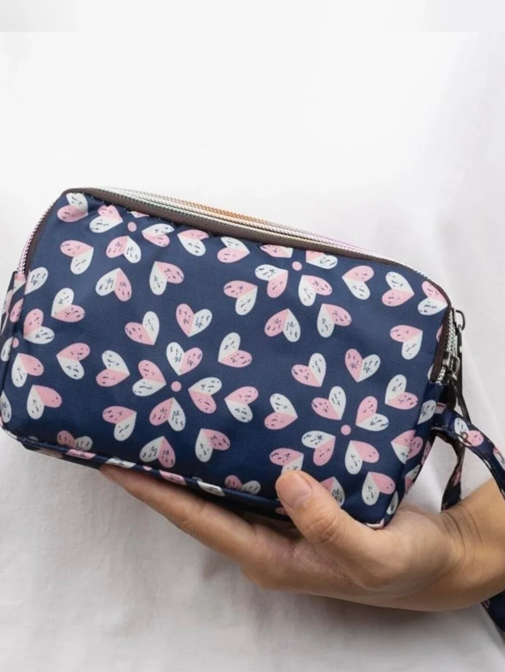 Triple-Zip Heart Print Wristlet Phone Concert Bag Organizer Pouch Waterproof NWT